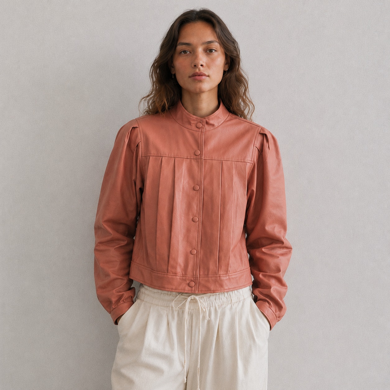 7fam 7 For All Mankind Faux Leather Cropped Jacket Womens M Orange Pleated Nwt